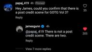 James Gunn reveals that Guardians of the Galaxy Vol. 3 will feature two post-credits scenes (Image via James Gunn's Instagram)